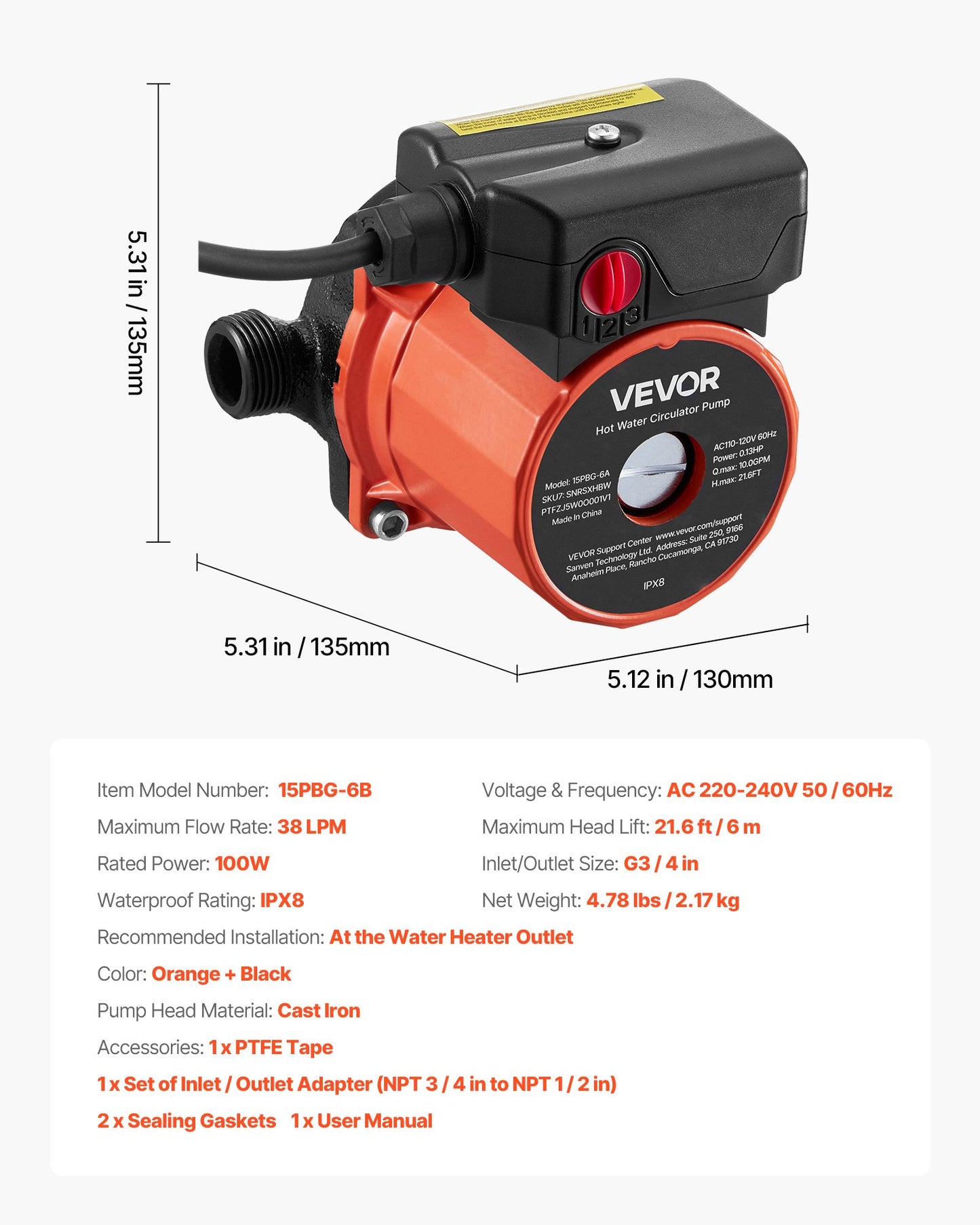 Hot Water Recirculating Pump, 10 GPM, Instant Circulation Circulator Pump System, 3-Speed Control, 0.13 HP, 110-120V, NPT 3/4 in to NPT 1/2 in Adapter, Cast Iron Head, for Water Heater System