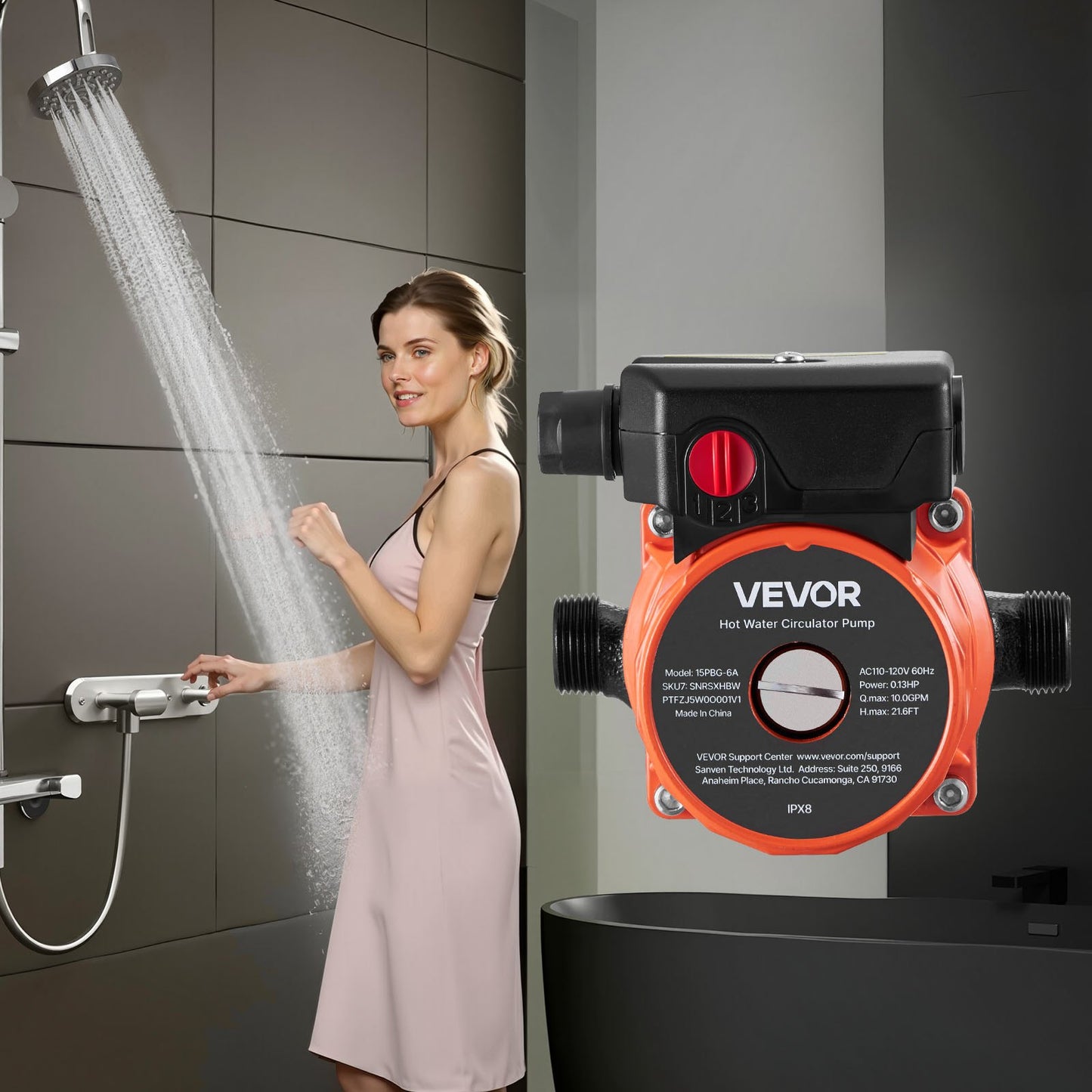 Hot Water Recirculating Pump, 10 GPM, Instant Circulation Circulator Pump System, 3-Speed Control, 0.13 HP, 110-120V, NPT 3/4 in to NPT 1/2 in Adapter, Cast Iron Head, for Water Heater System