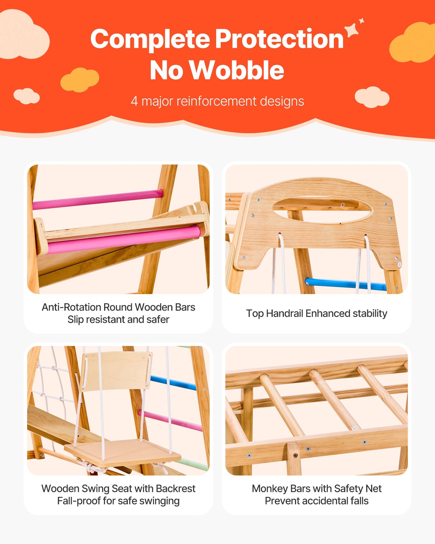 Indoor Playground Jungle Gym, 7-in-1 Wooden Indoor Playground for Kids, 250LBS Montessori Climbing Toys Playset with Swing, Monkey Bar, Slide, Wooden Ladder, Rope Ladder, Climbing Net & Rock