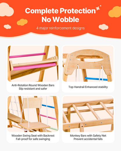 Indoor Playground Jungle Gym, 7-in-1 Wooden Indoor Playground for Kids, 250LBS Montessori Climbing Toys Playset with Swing, Monkey Bar, Slide, Wooden Ladder, Rope Ladder, Climbing Net & Rock