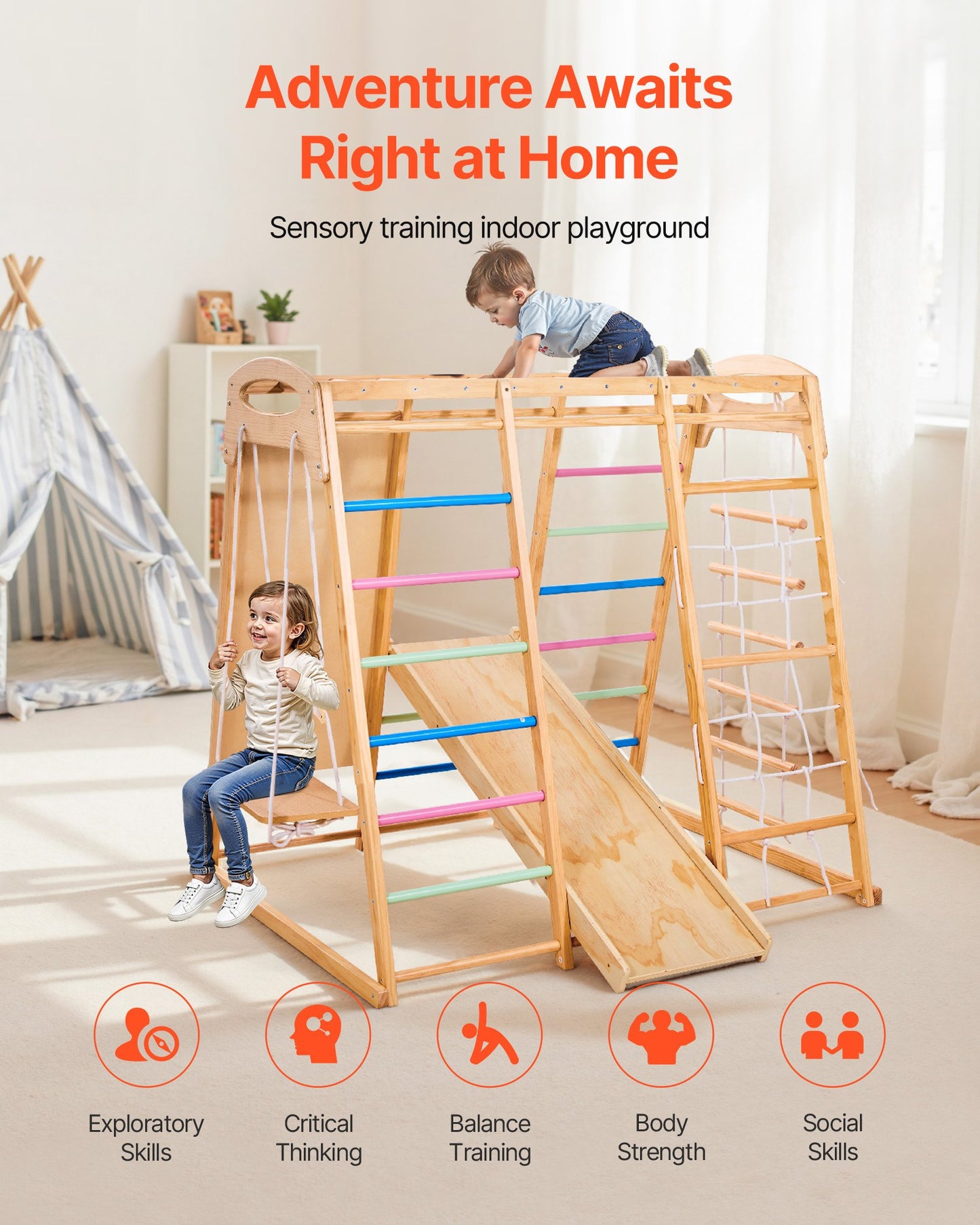 Indoor Playground Jungle Gym, 7-in-1 Wooden Indoor Playground for Kids, 250LBS Montessori Climbing Toys Playset with Swing, Monkey Bar, Slide, Wooden Ladder, Rope Ladder, Climbing Net & Rock