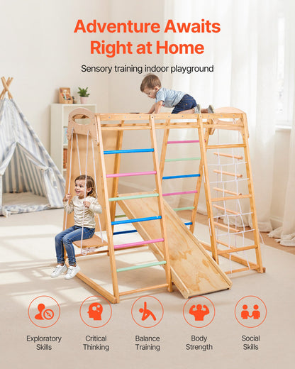 Indoor Playground Jungle Gym, 7-in-1 Wooden Indoor Playground for Kids, 250LBS Montessori Climbing Toys Playset with Swing, Monkey Bar, Slide, Wooden Ladder, Rope Ladder, Climbing Net & Rock