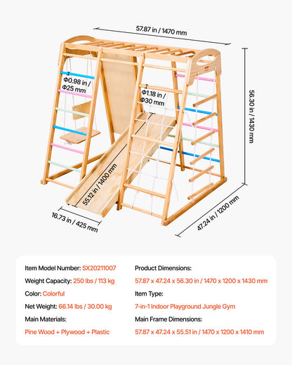 Indoor Playground Jungle Gym, 7-in-1 Wooden Indoor Playground for Kids, 250LBS Montessori Climbing Toys Playset with Swing, Monkey Bar, Slide, Wooden Ladder, Rope Ladder, Climbing Net & Rock
