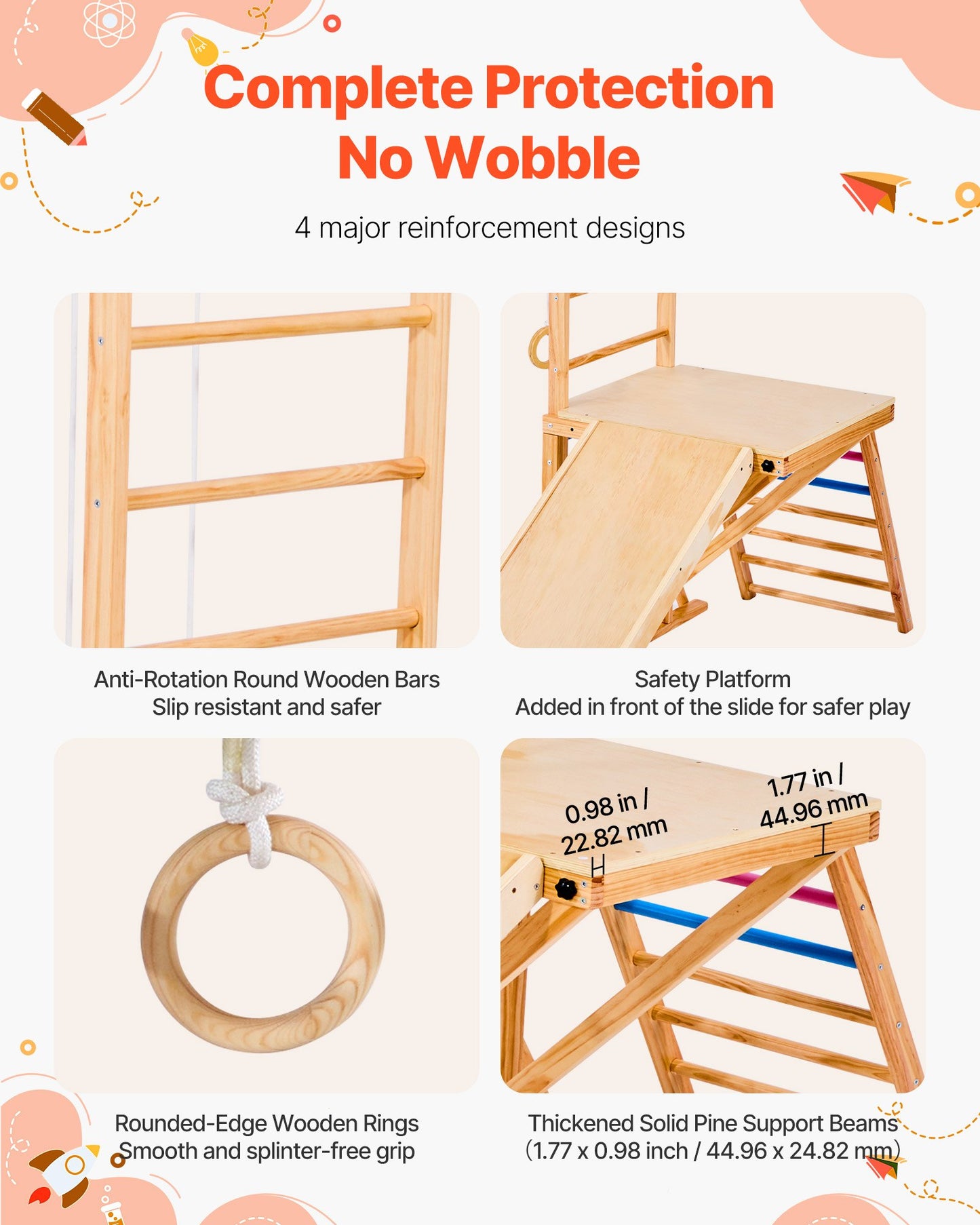 Indoor Playground Jungle Gym, 8-in-1 Wooden Indoor Playground Playset, 220LBS Loading Montessori Climbing Toys with Swing, Slide, Monkey Bar, Gym Rings, Wooden / Rope Ladder, Climbing Net & Bar