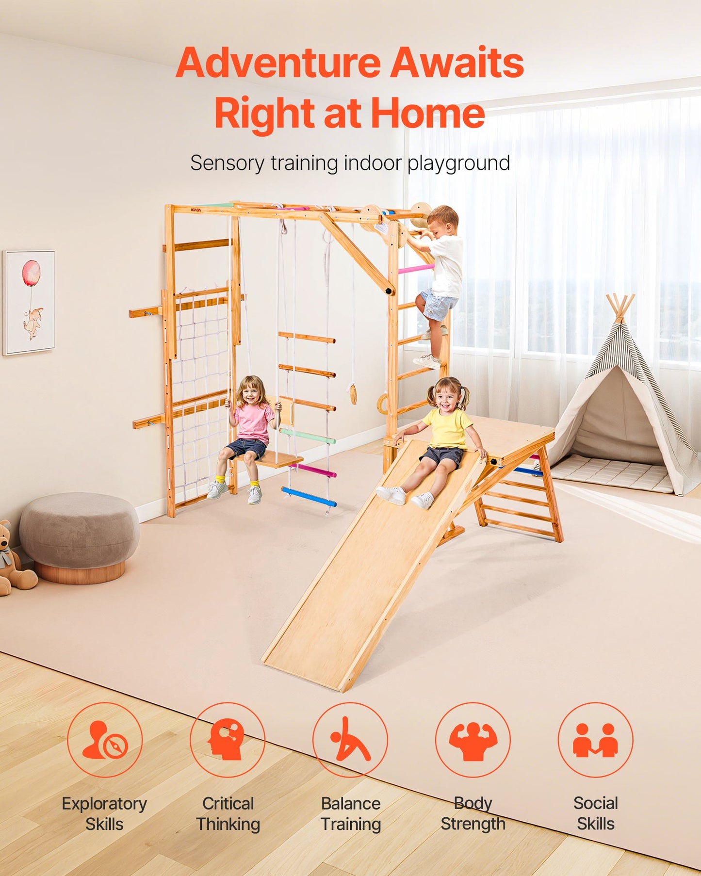 Indoor Playground Jungle Gym, 8-in-1 Wooden Indoor Playground Playset, 220LBS Loading Montessori Climbing Toys with Swing, Slide, Monkey Bar, Gym Rings, Wooden / Rope Ladder, Climbing Net & Bar