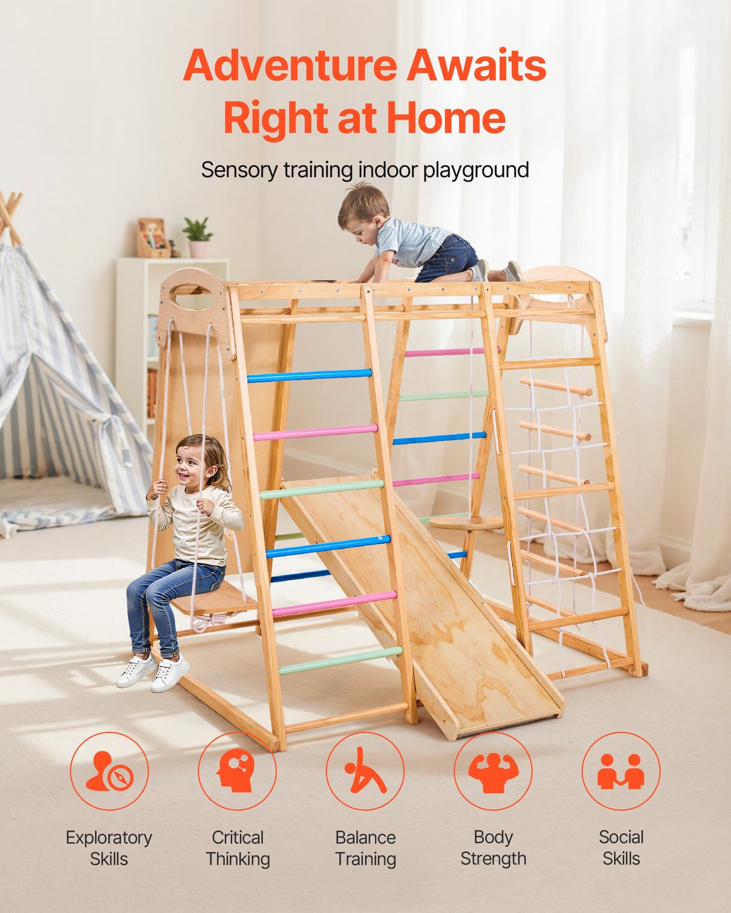 Indoor Playground Jungle Gym, 9-in-1 Montessori Climbing Toys for Toddlers, 250LBS Wooden Indoor Playground Playset with Monkey Bar, Swings, Slide, Rope / Wooden Ladder, Climbing Net, Bar & Rock