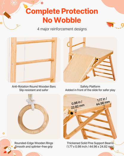 Indoor Playground Jungle Gym, 8-in-1 Wooden Indoor Playground for Kids, 220LBS Montessori Climbing Toys Playset with Slide, Swing, Monkey Bar, Gym Rings, Wooden / Rope Ladder, Climbing Net & Bar