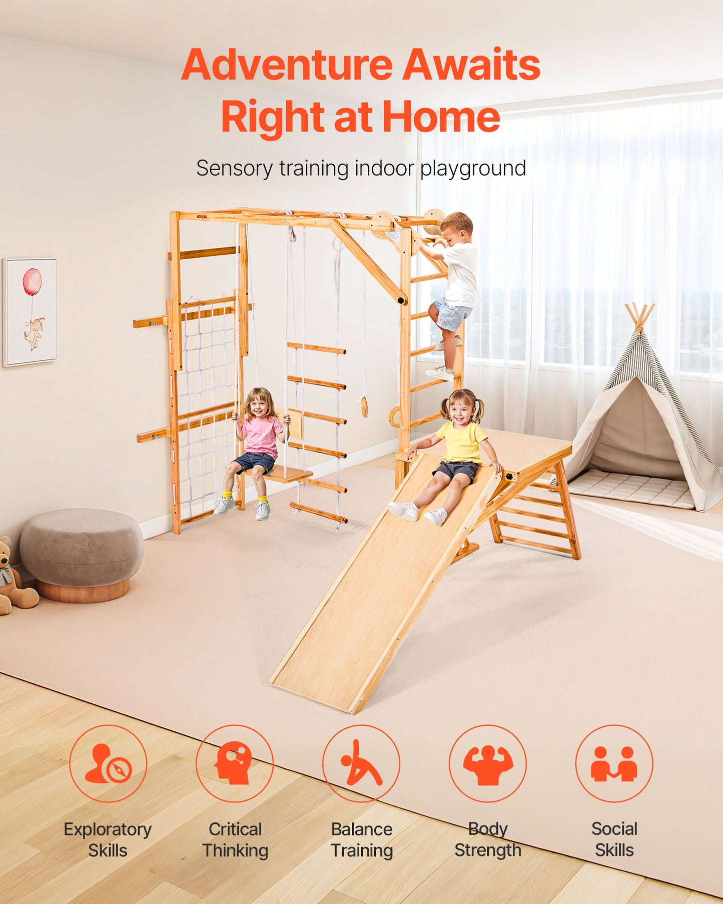 Indoor Playground Jungle Gym, 8-in-1 Wooden Indoor Playground for Kids, 220LBS Montessori Climbing Toys Playset with Slide, Swing, Monkey Bar, Gym Rings, Wooden / Rope Ladder, Climbing Net & Bar
