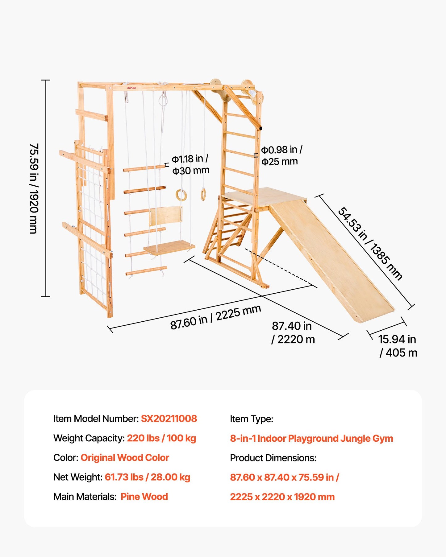 Indoor Playground Jungle Gym, 8-in-1 Wooden Indoor Playground for Kids, 220LBS Montessori Climbing Toys Playset with Slide, Swing, Monkey Bar, Gym Rings, Wooden / Rope Ladder, Climbing Net & Bar