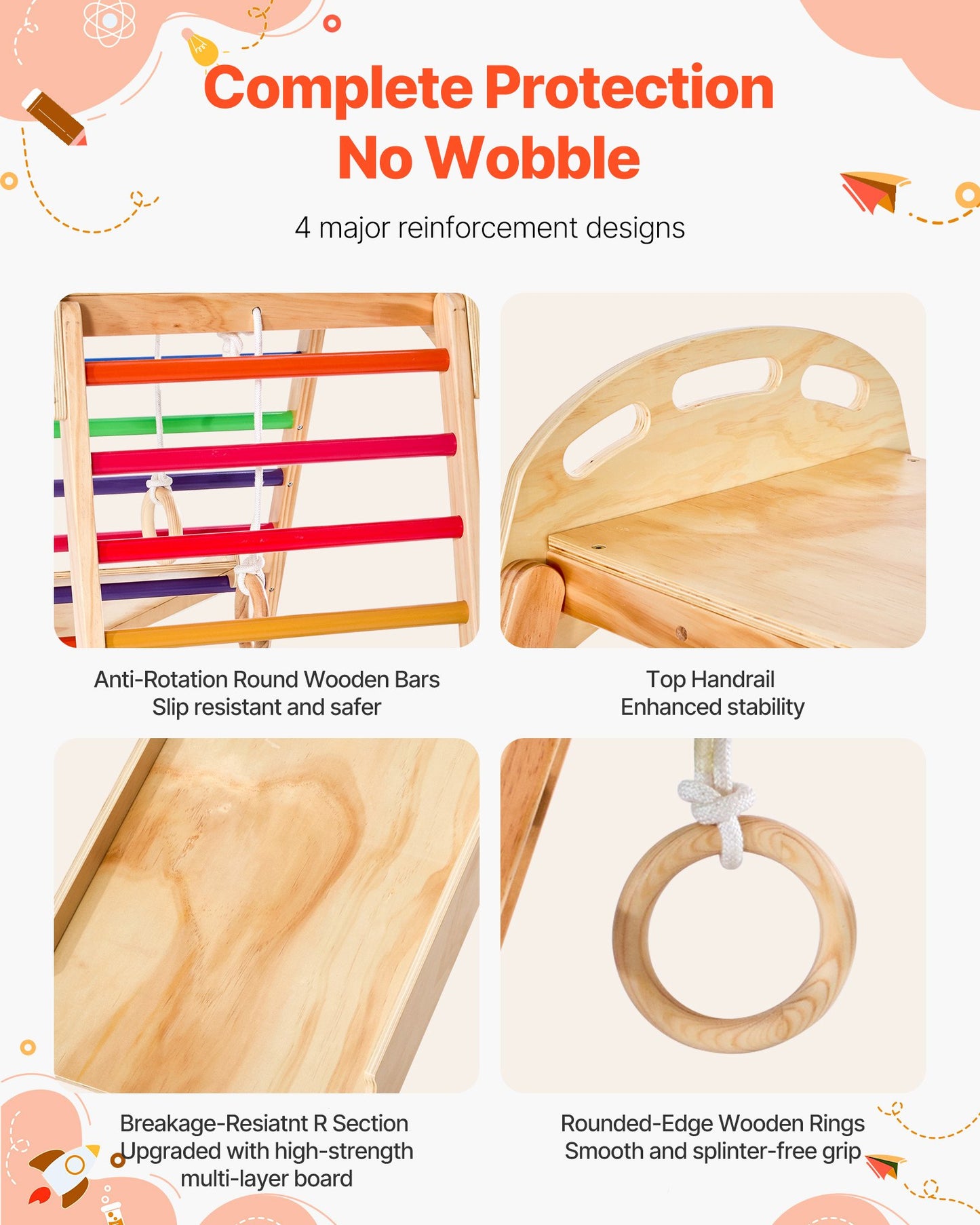 Indoor Playground Jungle Gym, 4-in-1 Wooden Indoor Playground Playset with Climbing Rock, Slide, Wooden Ladder & Gym Rings, Montessori Style Playground Climbing Toys for Boys Girls, 220LBS