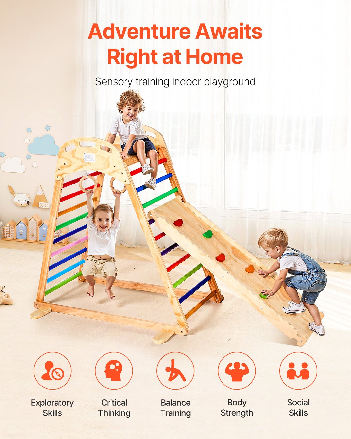 Indoor Playground Jungle Gym, 4-in-1 Wooden Indoor Playground Playset with Climbing Rock, Slide, Wooden Ladder & Gym Rings, Montessori Style Playground Climbing Toys for Boys Girls, 220LBS