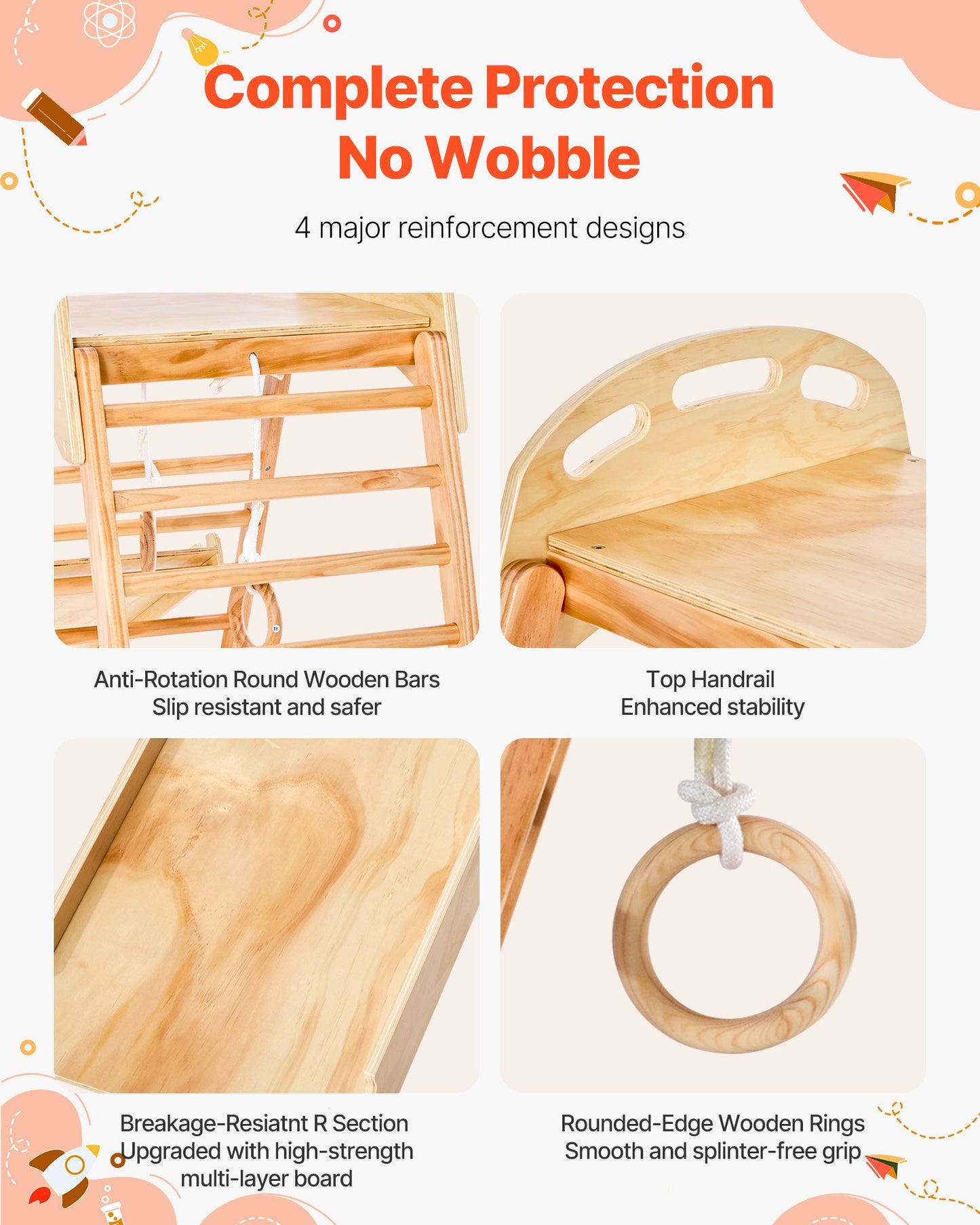 Indoor Playground Jungle Gym, 4-in-1 Wooden Indoor Playground Climbing Toys for Kids, Montessori Toddlers Climber Playset with Climbing Rock, Slide, Wooden Ladder & Gym Rings, 220LBS Loading