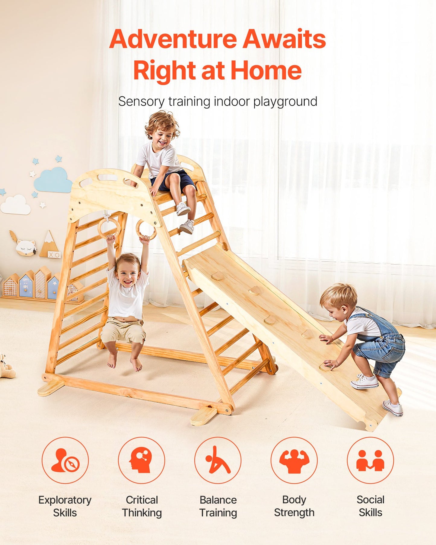 Indoor Playground Jungle Gym, 4-in-1 Wooden Indoor Playground Climbing Toys for Kids, Montessori Toddlers Climber Playset with Climbing Rock, Slide, Wooden Ladder & Gym Rings, 220LBS Loading