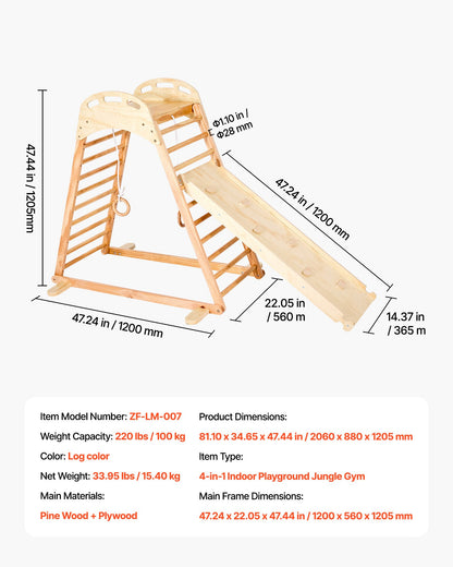 Indoor Playground Jungle Gym, 4-in-1 Wooden Indoor Playground Climbing Toys for Kids, Montessori Toddlers Climber Playset with Climbing Rock, Slide, Wooden Ladder & Gym Rings, 220LBS Loading