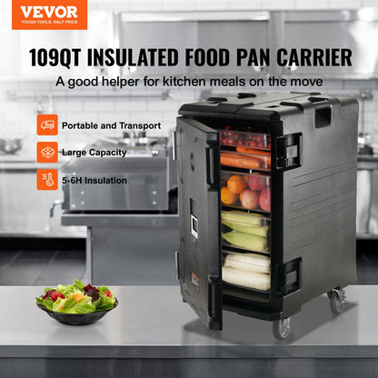 Insulated Food Pan Carrier, 109 Qt Hot Box för catering, LLDPE Food Box Carrier med dubbla spännen, Frontmatad matvärmare med handtag, Ändlastare med hjul för restaurang, matsal, etc.