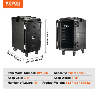 Insulated Food Pan Carrier, 109 Qt Hot Box för catering, LLDPE Food Box Carrier med dubbla spännen, Frontmatad matvärmare med handtag, Ändlastare med hjul för restaurang, matsal, etc.