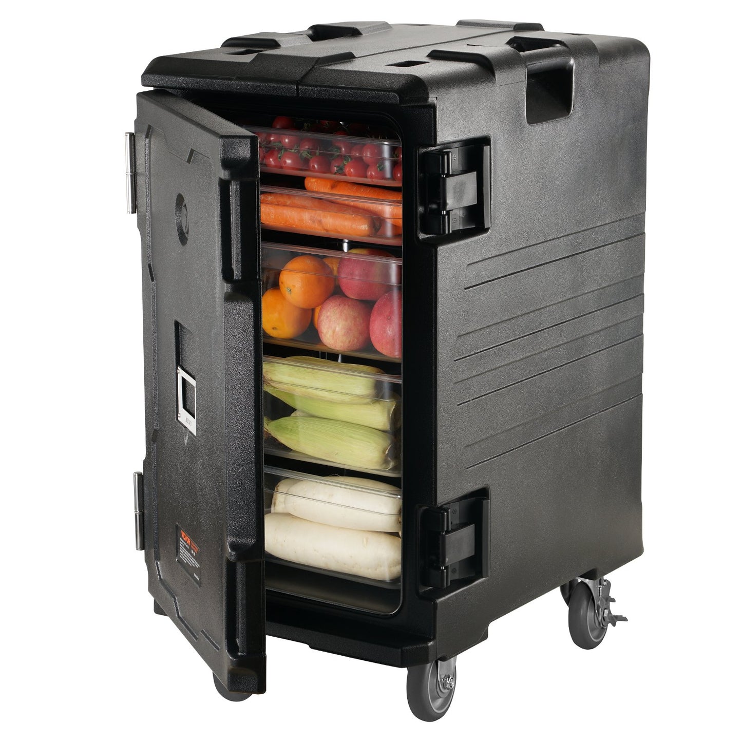 Insulated Food Pan Carrier, 109 Qt Hot Box för catering, LLDPE Food Box Carrier med dubbla spännen, Frontmatad matvärmare med handtag, Ändlastare med hjul för restaurang, matsal, etc.