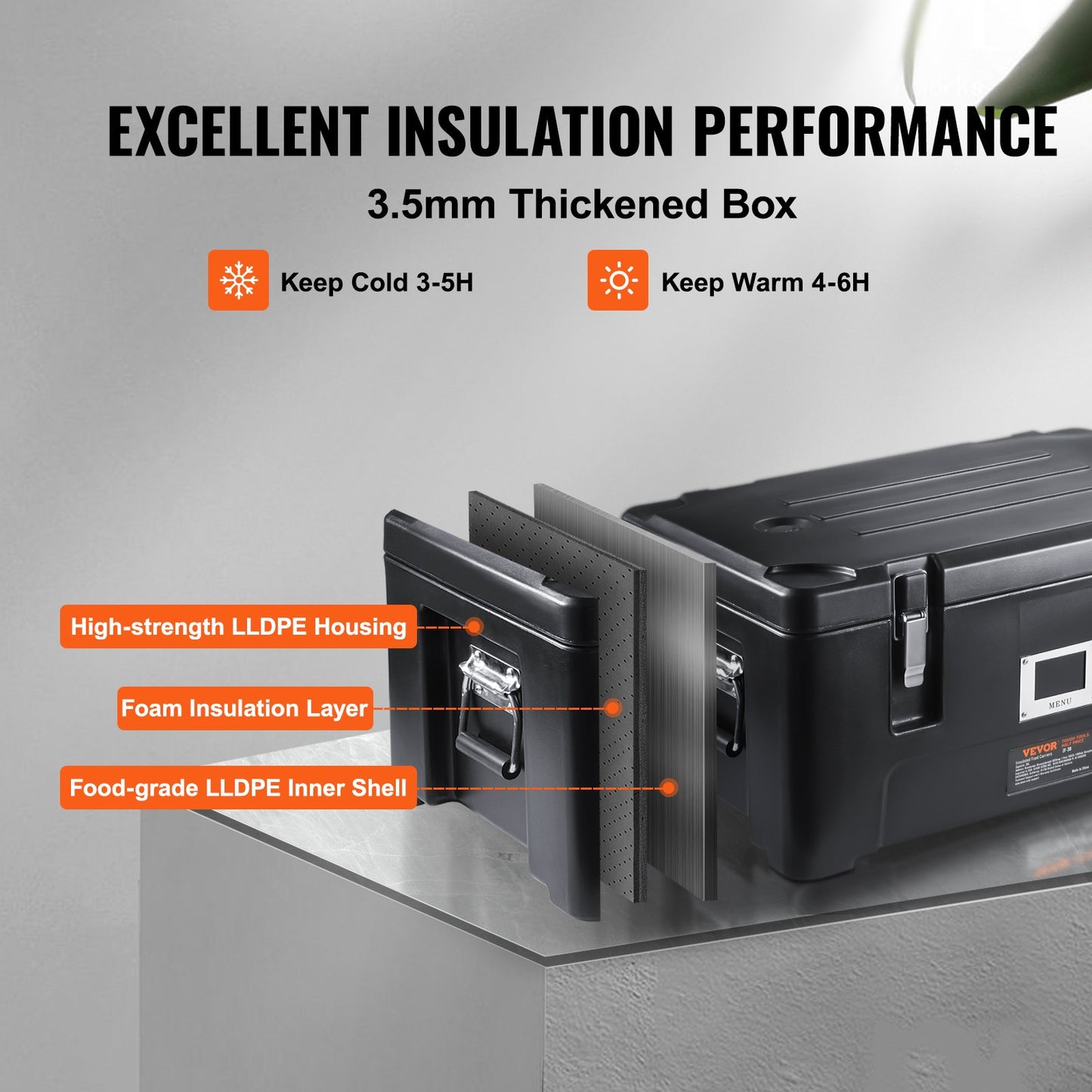 Isolerad matpannahållare, kapacitet på 36 Qt, stapelbar varmlåda för servering med 3 kokkärl i rostfritt stål, toppmatad LLDPE-matvärmare med elastiska sidohandtag och spännen, för restaurangmatsal, svart