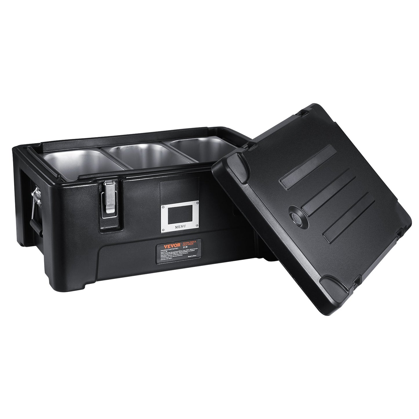 Isolerad matpannahållare, kapacitet på 36 Qt, stapelbar varmlåda för servering med 3 kokkärl i rostfritt stål, toppmatad LLDPE-matvärmare med elastiska sidohandtag och spännen, för restaurangmatsal, svart