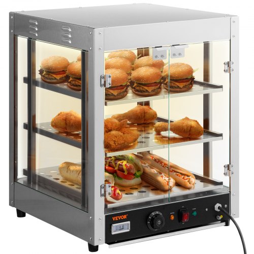 Commercial Food Warmer Display, 3 Tiers, 800W Pizza Warmer with 3D Heating 3-Color Lighting Bottom Fan, Countertop Pastry Warmer with Temp Knob & Display 0.6L Water Tray, Stainless Frame Glass D