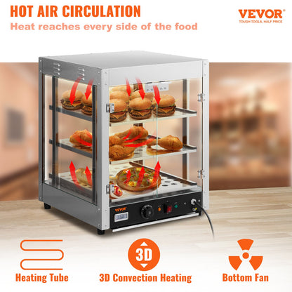 Commercial Food Warmer Display, 3 Tiers, 800W Pizza Warmer with 3D Heating 3-Color Lighting Bottom Fan, Countertop Pastry Warmer with Temp Knob & Display 0.6L Water Tray, Stainless Frame Glass D