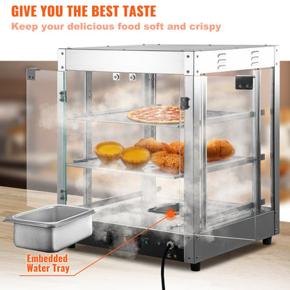 Commercial Food Warmer Display, 3 Tiers, 800W Pizza Warmer with 3D Heating 3-Color Lighting Bottom Fan, Countertop Pastry Warmer with Temp Knob & Display 0.6L Water Tray, Stainless Frame Glass D