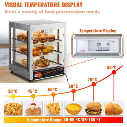Commercial Food Warmer Display, 3 Tiers, 800W Pizza Warmer with 3D Heating 3-Color Lighting Bottom Fan, Countertop Pastry Warmer with Temp Knob & Display 0.6L Water Tray, Stainless Frame Glass D
