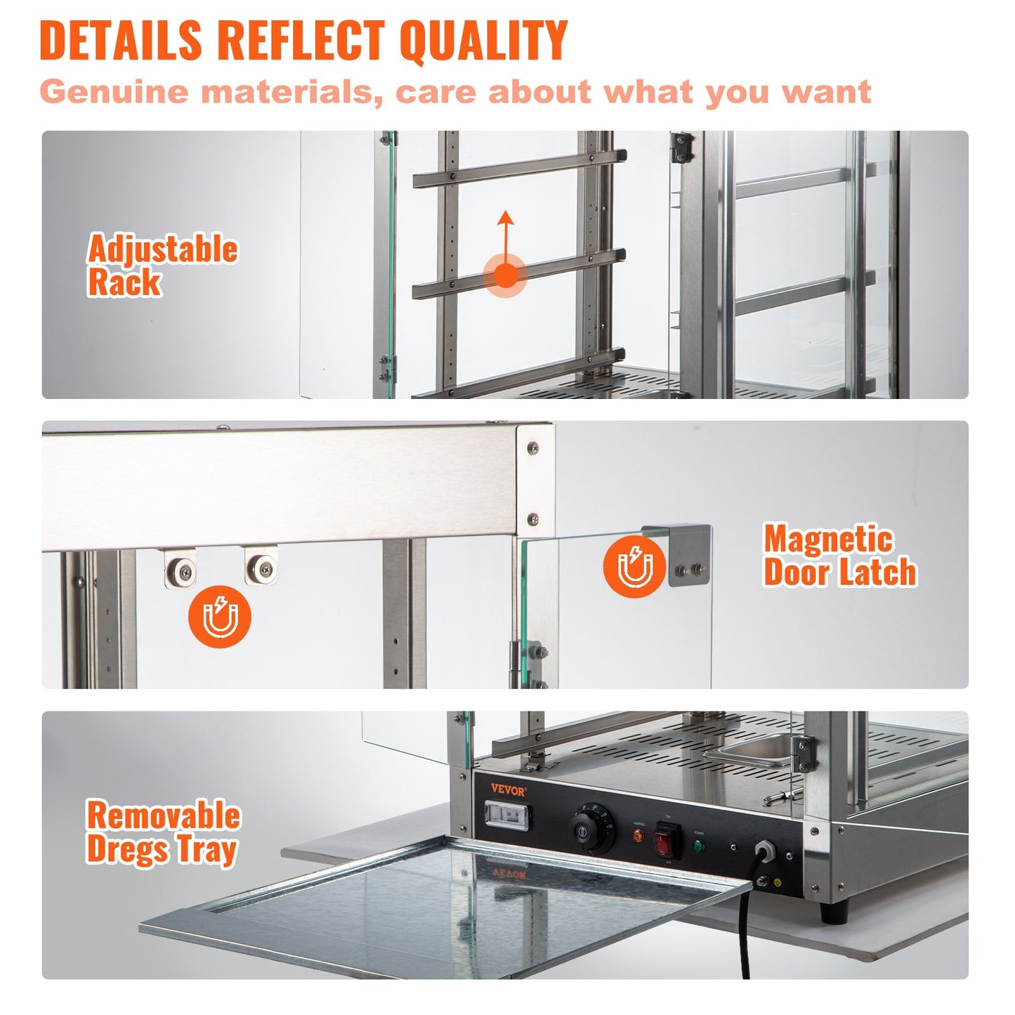 Commercial Food Warmer Display, 3 Tiers, 800W Pizza Warmer with 3D Heating 3-Color Lighting Bottom Fan, Countertop Pastry Warmer with Temp Knob & Display 0.6L Water Tray, Stainless Frame Glass D