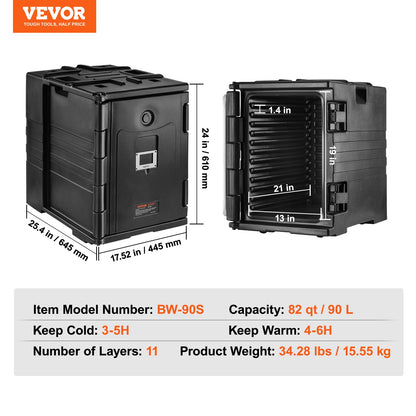 Insulated Food Pan Carrier, 82 Qt Hot Box for Catering, LLDPE Food Box Carrier with Double Buckles, Front Loading Food Warmer with Handles, Stackable End Loader for Restaurant, Canteen, etc. Bla