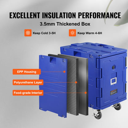 Insulated Food Pan Carrier, 82 Qt Hot Box for Catering, LLDPE Food Box Carrier w/One-Piece Buckle, Front Loading Food Warmer w/Handles, End Loader w/Wheels for Restaurant, Canteen, etc. Blue