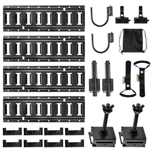 E-Track Tie-Down Rail Kit, 4 Pack 1.3 ft E Track Rails, 2 U-Shaped Hooks, 2 Tool Holders, 2 Track Shelf Brackets, 2 Tire Holders, 2 Cable Storage Rings, 8 End Caps & 1 Bag, Fit for Vans Trailers