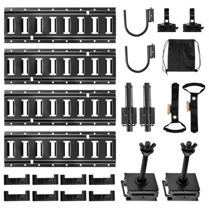 E-Track Tie-Down Rail Kit, 4 Pack 1.3 ft E Track Rails, 2 U-Shaped Hooks, 2 Tool Holders, 2 Track Shelf Brackets, 2 Tire Holders, 2 Cable Storage Rings, 8 End Caps & 1 Bag, Fit for Vans Trailers