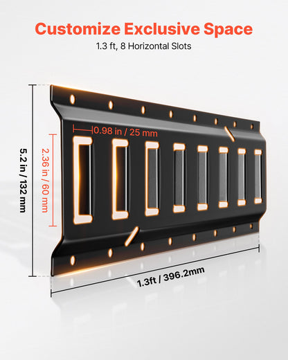 E-Track Tie-Down Rail Kit, 4 Pack 1.3 ft E Track Rails, 2 U-Shaped Hooks, 2 Tool Holders, 2 Track Shelf Brackets, 2 Tire Holders, 2 Cable Storage Rings, 8 End Caps & 1 Bag, Fit for Vans Trailers