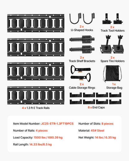 E-Track Tie-Down Rail Kit, 4 Pack 1.3 ft E Track Rails, 2 U-Shaped Hooks, 2 Tool Holders, 2 Track Shelf Brackets, 2 Tire Holders, 2 Cable Storage Rings, 8 End Caps & 1 Bag, Fit for Vans Trailers