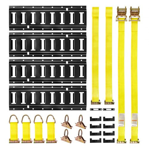 E-Track Tie-Down Rail Kit, 4 Pack 1.3 ft E Tracks Set, 21 Pcs Includes 2 Ratchet Straps & 4 O-Rings & 4 Tie-Offs with D-Ring & 2 Single Slots & 8 End Caps & 1 Bag, Fit for Garages Vans Trailers