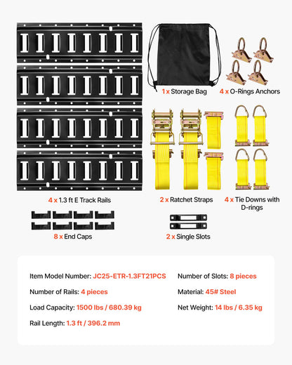 E-Track Tie-Down Rail Kit, 4 Pack 1.3 ft E Tracks Set, 21 Pcs Includes 2 Ratchet Straps & 4 O-Rings & 4 Tie-Offs with D-Ring & 2 Single Slots & 8 End Caps & 1 Bag, Fit for Garages Vans Trailers