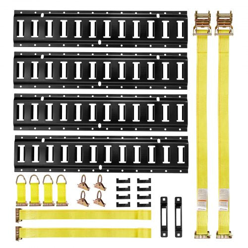 E-Track Tie-Down Rail Kit, 4 Pack 2 ft E Track Rails, 20 Pcs Includes 2 Ratchet Straps & 4 O-Rings & 4 Tie-Offs with D-Ring & 2 Single Slots & 8 End Caps, Fit for Garages Vans Trailers