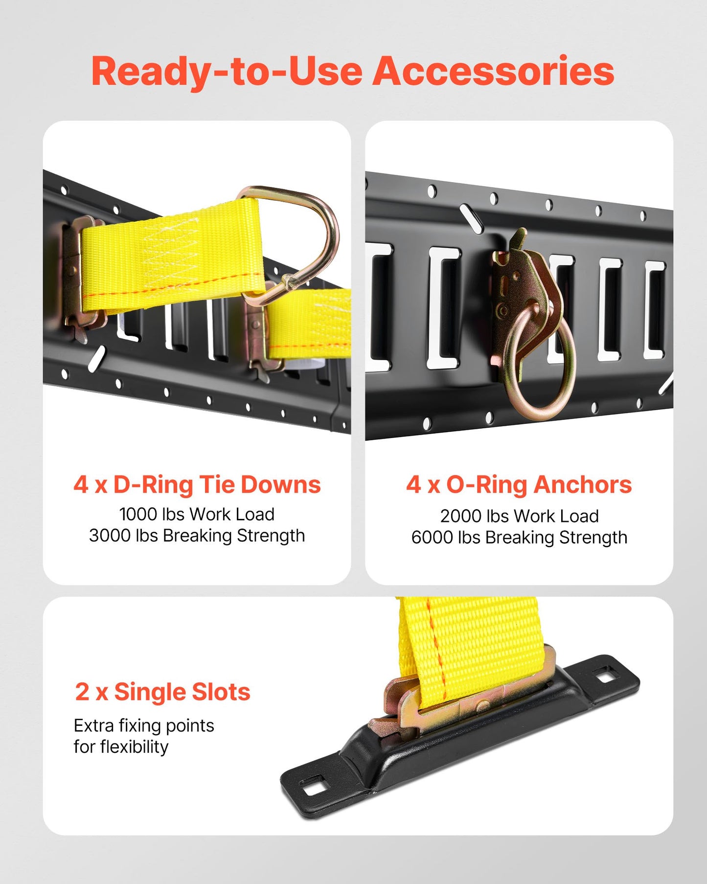 E-Track Tie-Down Rail Kit, 4 Pack 2 ft E Track Rails, 20 Pcs Includes 2 Ratchet Straps & 4 O-Rings & 4 Tie-Offs with D-Ring & 2 Single Slots & 8 End Caps, Fit for Garages Vans Trailers