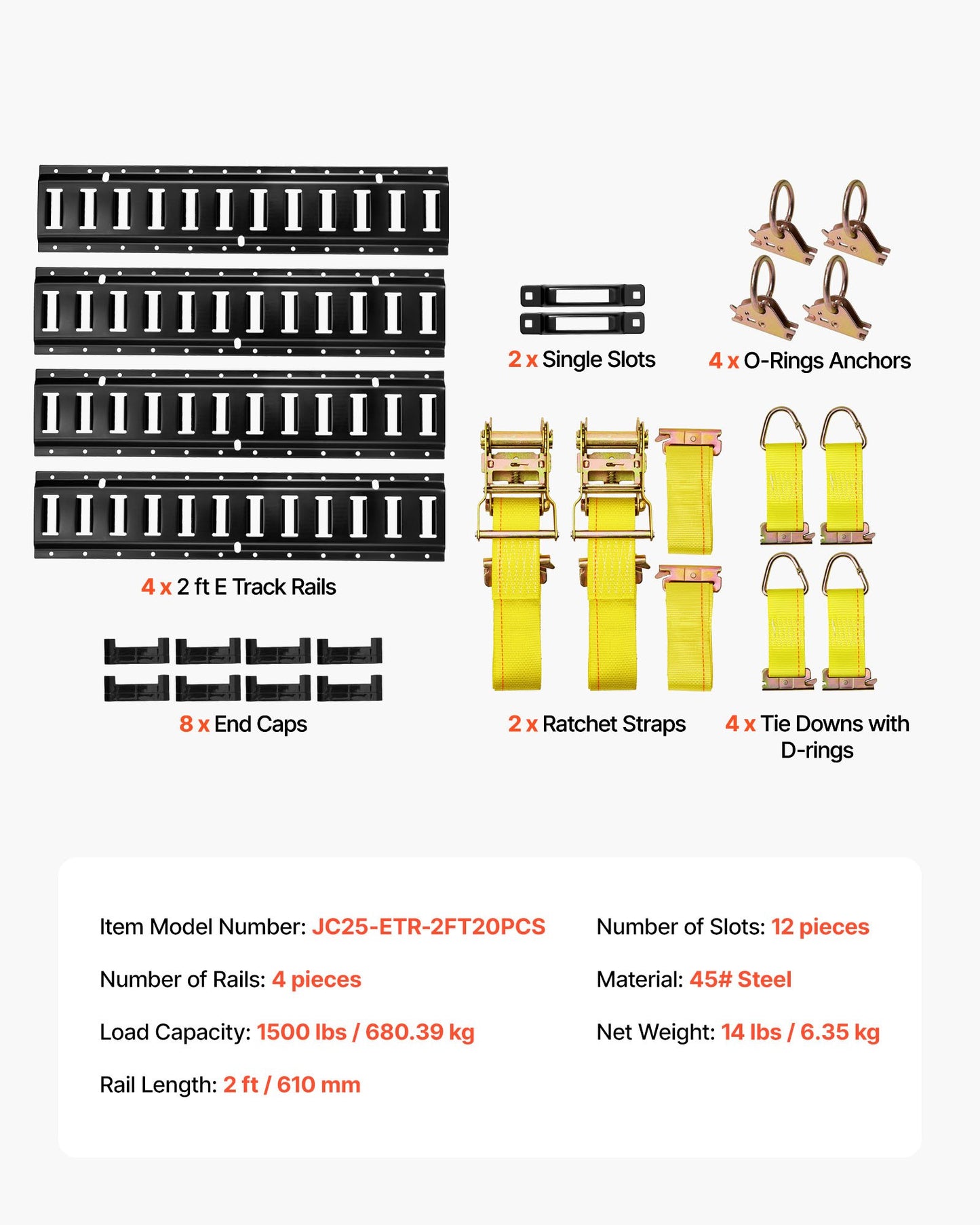 E-Track Tie-Down Rail Kit, 4 Pack 2 ft E Track Rails, 20 Pcs Includes 2 Ratchet Straps & 4 O-Rings & 4 Tie-Offs with D-Ring & 2 Single Slots & 8 End Caps, Fit for Garages Vans Trailers