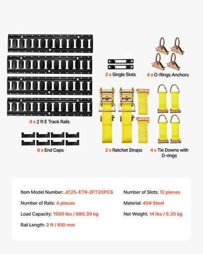 E-Track Tie-Down Rail Kit, 4 Pack 2 ft E Track Rails, 20 Pcs Includes 2 Ratchet Straps & 4 O-Rings & 4 Tie-Offs with D-Ring & 2 Single Slots & 8 End Caps, Fit for Garages Vans Trailers