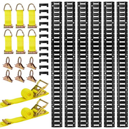 E-Track Tie-Down Rail Kit, 6 Pack 5 ft E Track Rails, 26 Pcs Includes 2 Ratchet Straps & 6 O-Rings & 6 Tie-Offs with D-Ring & 12 End Caps, Fit for Garages Vans Trailers Motorcycles