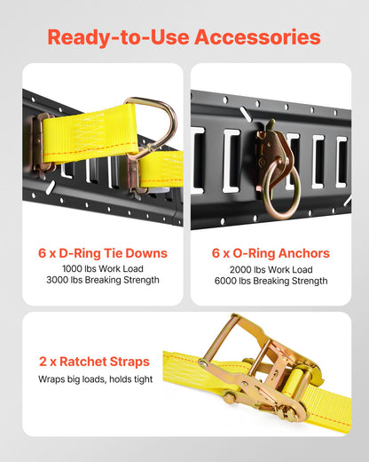 E-Track Tie-Down Rail Kit, 6 Pack 5 ft E Track Rails, 26 Pcs Includes 2 Ratchet Straps & 6 O-Rings & 6 Tie-Offs with D-Ring & 12 End Caps, Fit for Garages Vans Trailers Motorcycles