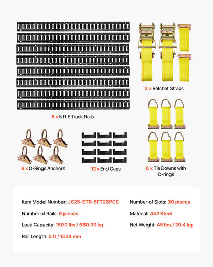 E-Track Tie-Down Rail Kit, 6 Pack 5 ft E Track Rails, 26 Pcs Includes 2 Ratchet Straps & 6 O-Rings & 6 Tie-Offs with D-Ring & 12 End Caps, Fit for Garages Vans Trailers Motorcycles