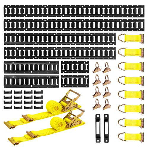 E-Track Tie-Down Rail Kit, 8 Pack (5ft+4ft+2ft+1ft) E Track Rails, 36 Pcs Includes 2 Ratchet Straps & 8 O-Rings & 8 Tie-Offs with D-Ring & 2 Single Slots & 16 End Caps, Fit for Vans Trailers