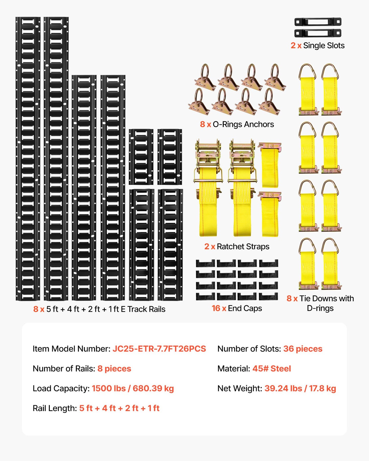 E-Track Tie-Down Rail Kit, 8 Pack (5ft+4ft+2ft+1ft) E Track Rails, 36 Pcs Includes 2 Ratchet Straps & 8 O-Rings & 8 Tie-Offs with D-Ring & 2 Single Slots & 16 End Caps, Fit for Vans Trailers