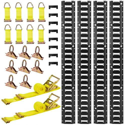 E-Track Tie-Down Rail Kit, 4 Pack 7.7 ft E Track Rails, 26 Pcs Includes 2 Ratchet Straps & 8 O-Rings & 8 Tie-Offs with D-Ring & 8 End Caps, Fit for Garages Vans Trailers Motorcycles