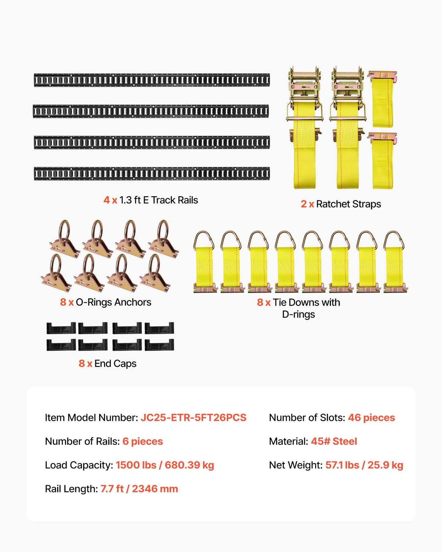 E-Track Tie-Down Rail Kit, 4 Pack 7.7 ft E Track Rails, 26 Pcs Includes 2 Ratchet Straps & 8 O-Rings & 8 Tie-Offs with D-Ring & 8 End Caps, Fit for Garages Vans Trailers Motorcycles