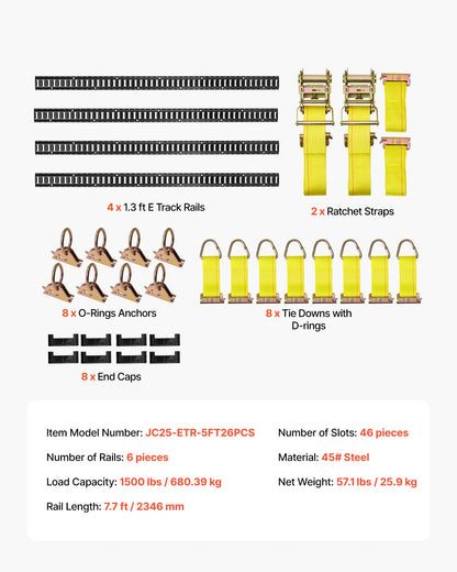 E-Track Tie-Down Rail Kit, 4 Pack 7.7 ft E Track Rails, 26 Pcs Includes 2 Ratchet Straps & 8 O-Rings & 8 Tie-Offs with D-Ring & 8 End Caps, Fit for Garages Vans Trailers Motorcycles