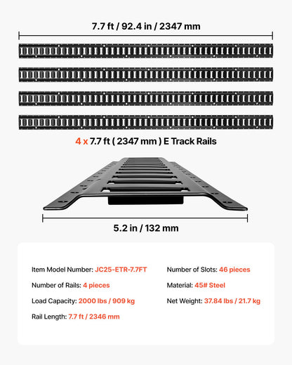 E-Track Tie-Down Rails, 4 Pack, 7.7 ft E Track Rails Secures Cargo & Heavy Loads Up to 2,000 lbs, Trailer Tie-Down System Suitable for Garages, Vans, Motorcycle Tie Downs, ATV Mountings