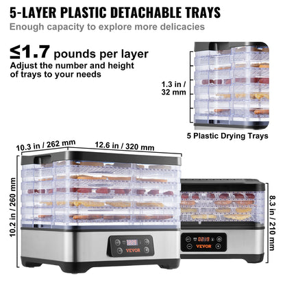 Food Dehydrator Machine, 5-Tray Fruit Dehydrator, 300W Electric Food Dryer w/ Digital Adjustable Timer & Temperature for Jerky, Herb, Meat, Beef, Fruit, Dog Treats and Vegetables, ETL Listed